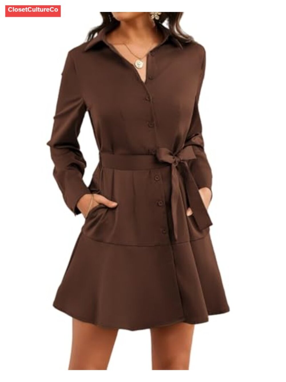Satin Long Sleeve Button Up Midi Shift Dress Pockets Work Office